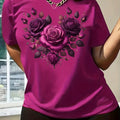 Women'S Floral Heart Print T-Shirt, Casual Crew Neck Short Sleeve Top, 100% Polyester Knit Fabric, Regular Length, All Season Fashion Tee