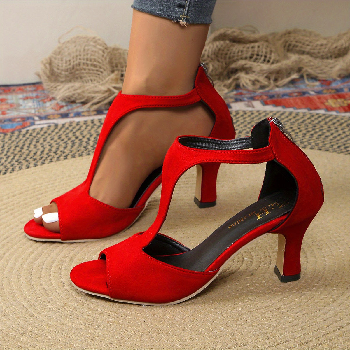 Elegant Red Stiletto Heels for Women - Sexy Back Zipper, Open Toe, High Heel Fashion Shoes with Black Accents, All-Season Wear