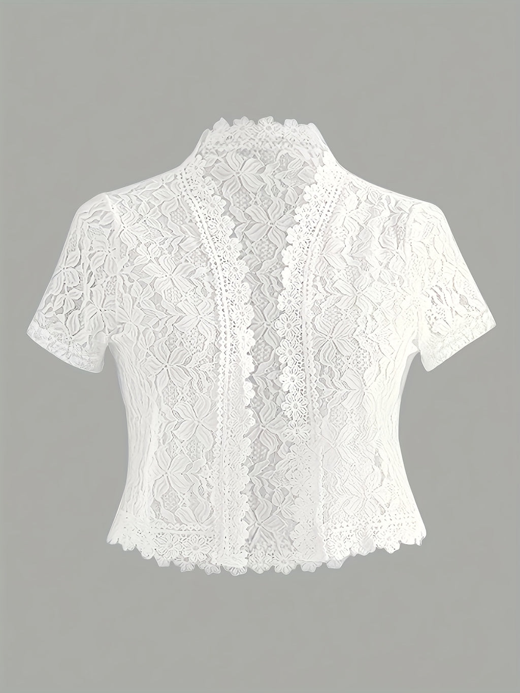 Elegant White Lace Contrast Cardigan - Short Sleeve, Stand Collar, Open Front Jacket for Women | Perfect for Spring\u002FSummer Parties & Casual Wear, Party Wear Cardigan | Lace Detailing | Constructio
