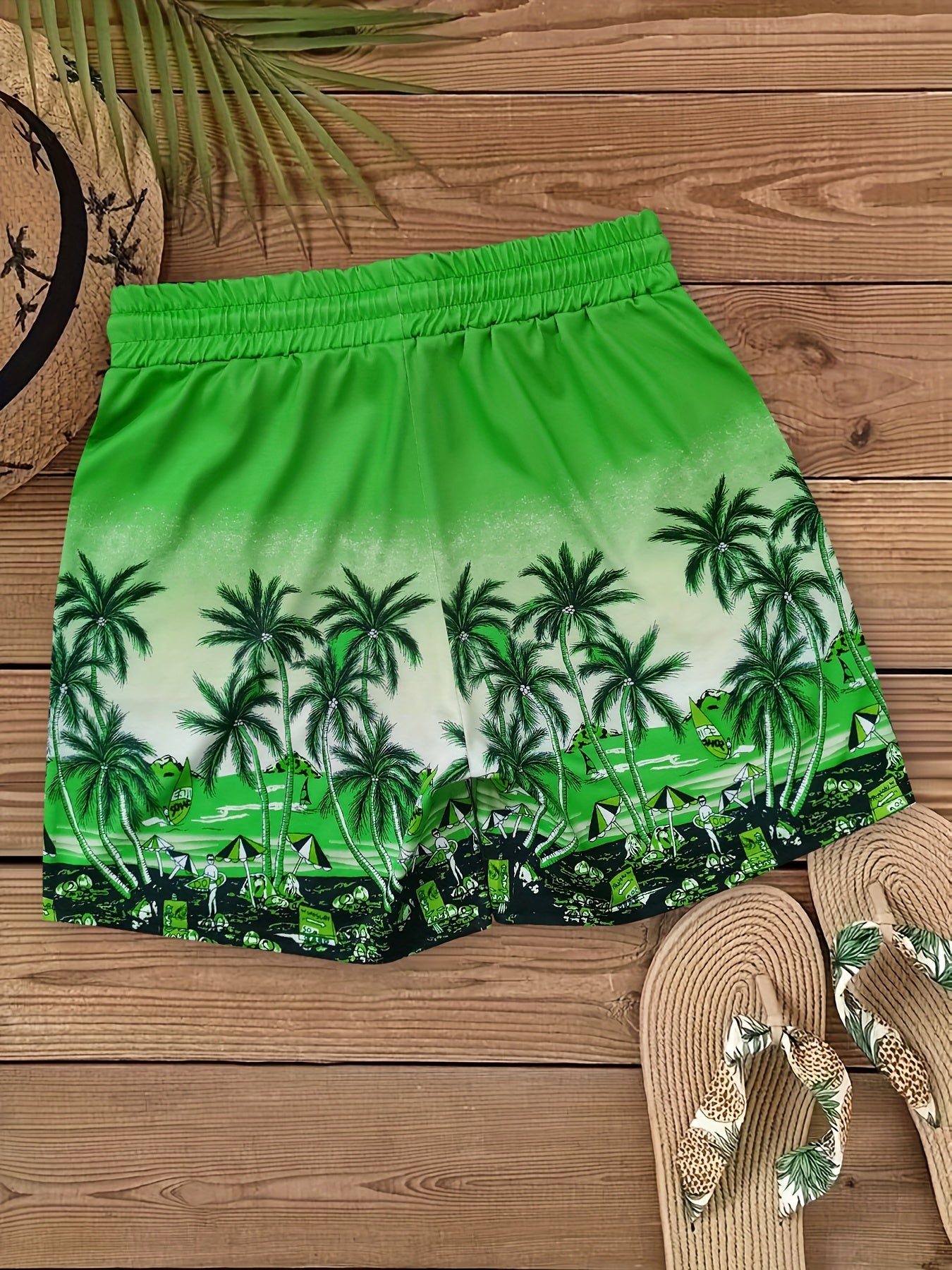 Women'S Casual Drawstring Shorts with Pockets, Tropical Palm Tree and Sailboat Print, Comfortable Leisure Vacation Fashion, Polyester Blend Knit Fabric, Spring\u002FSummer\u002FFall Season