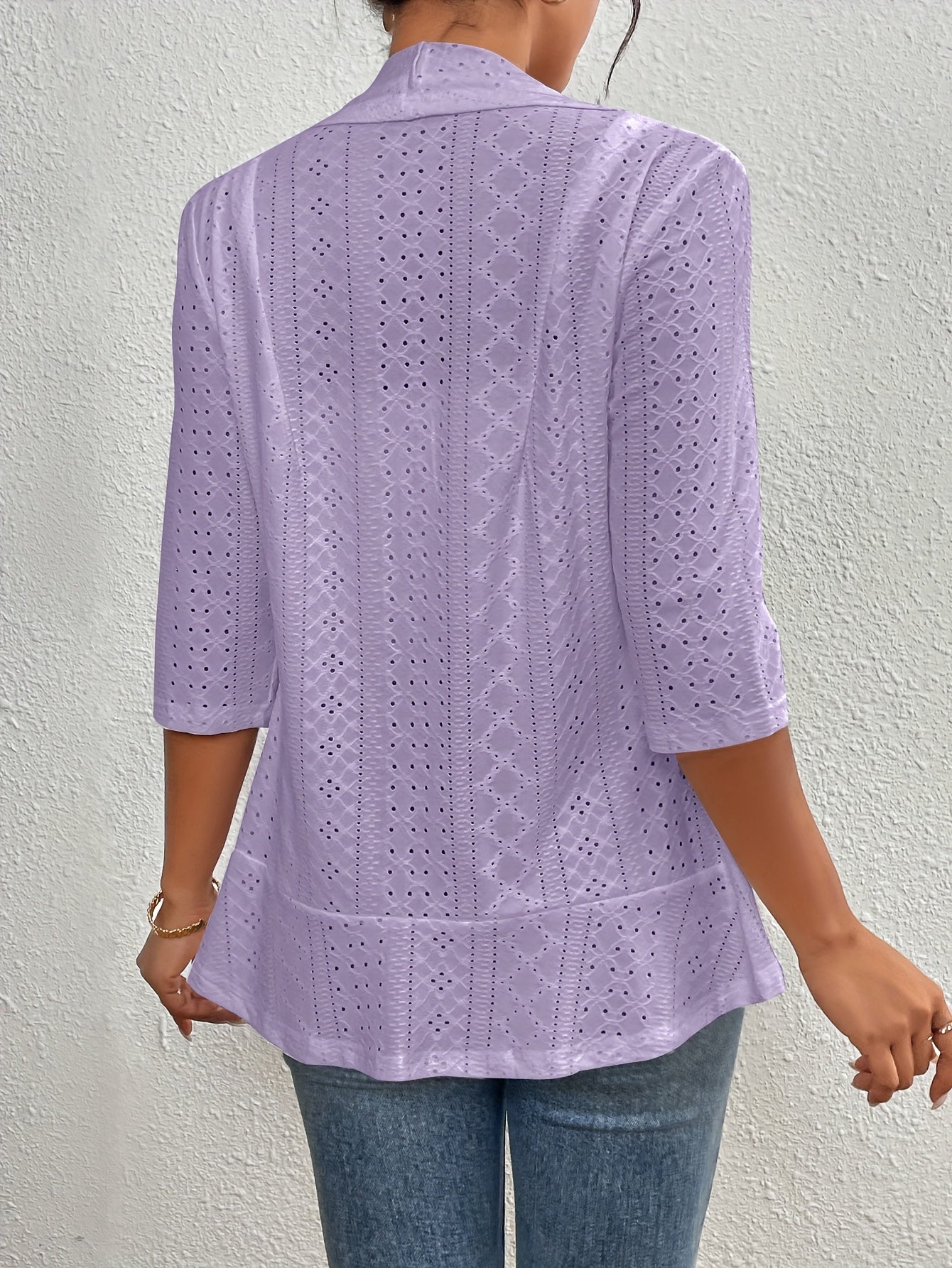 Women's Elegant Open-Front Cardigan - Solid White, Half Sleeve, Eyelet Embroidery, Lightweight Knit, Spring\u002FFall Fashion Jacket, Lightweight Cardigan