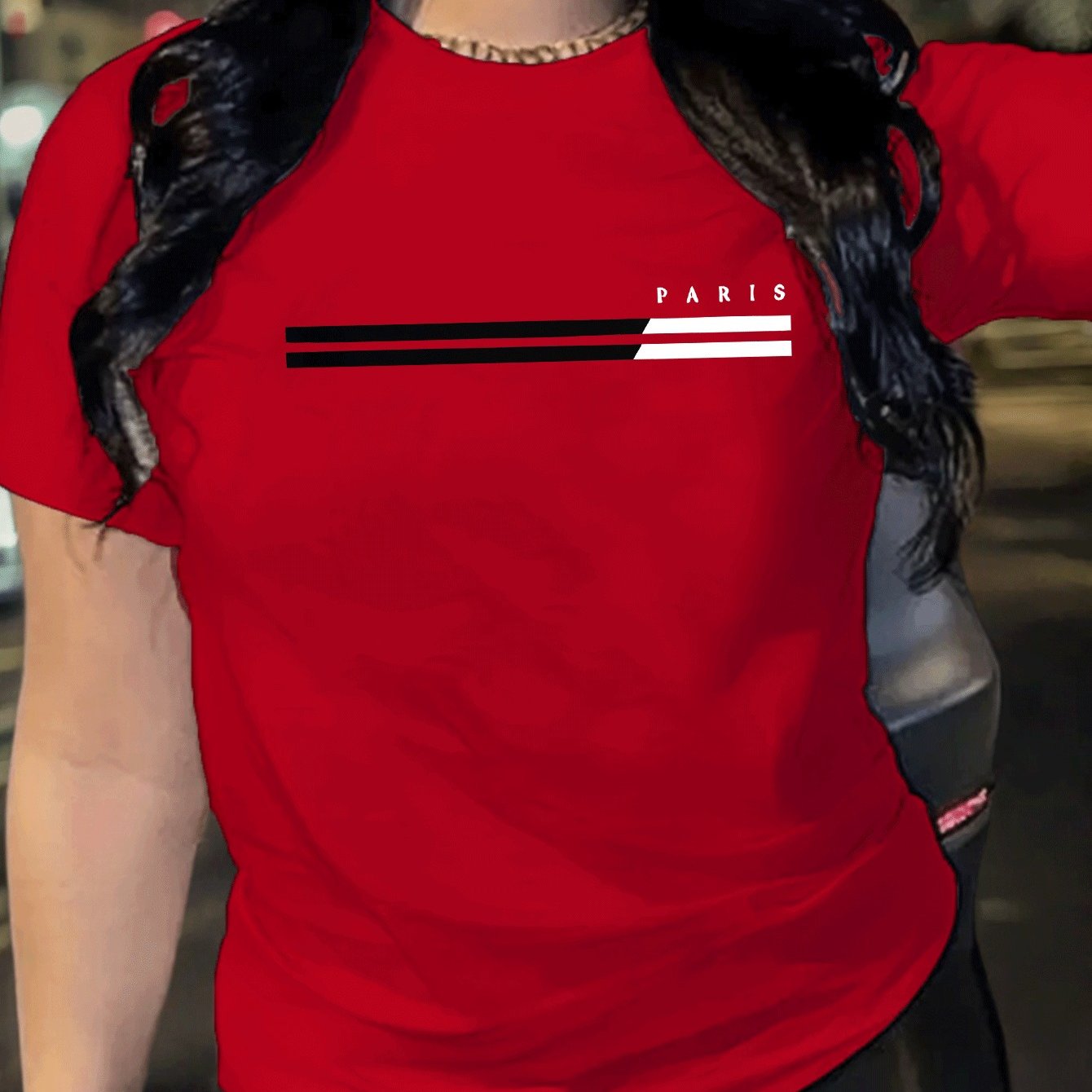 1pc Paris Graphic Print Women'S Casual Summer T-Shirt - Red, Short Sleeve, Round Neck, Polyester Blend, Comfort Fit, Casual Wear | Graphic Tee | Comfortable Fit
