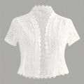 Elegant White Lace Contrast Cardigan - Short Sleeve, Stand Collar, Open Front Jacket for Women | Perfect for Spring\u002FSummer Parties & Casual Wear, Party Wear Cardigan | Lace Detailing | Constructio
