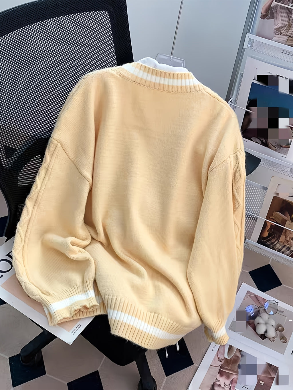 Women'S V-Neck Cardigan with Color Block Design, Acrylic Blend Knit Sweater, with Button Details and Drawstring for All Seasons