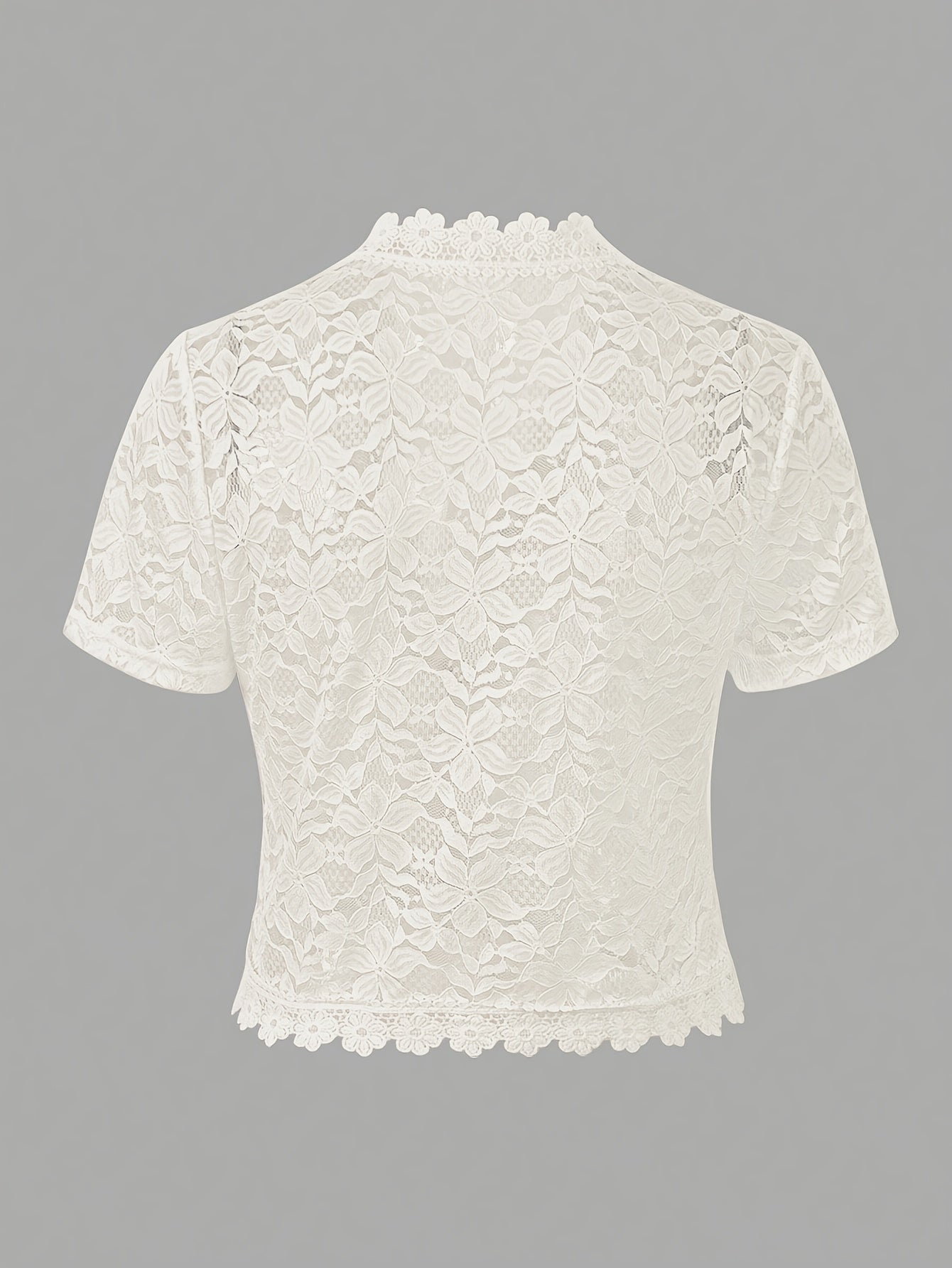 Elegant White Lace Contrast Cardigan - Short Sleeve, Stand Collar, Open Front Jacket for Women | Perfect for Spring\u002FSummer Parties & Casual Wear, Party Wear Cardigan | Lace Detailing | Constructio