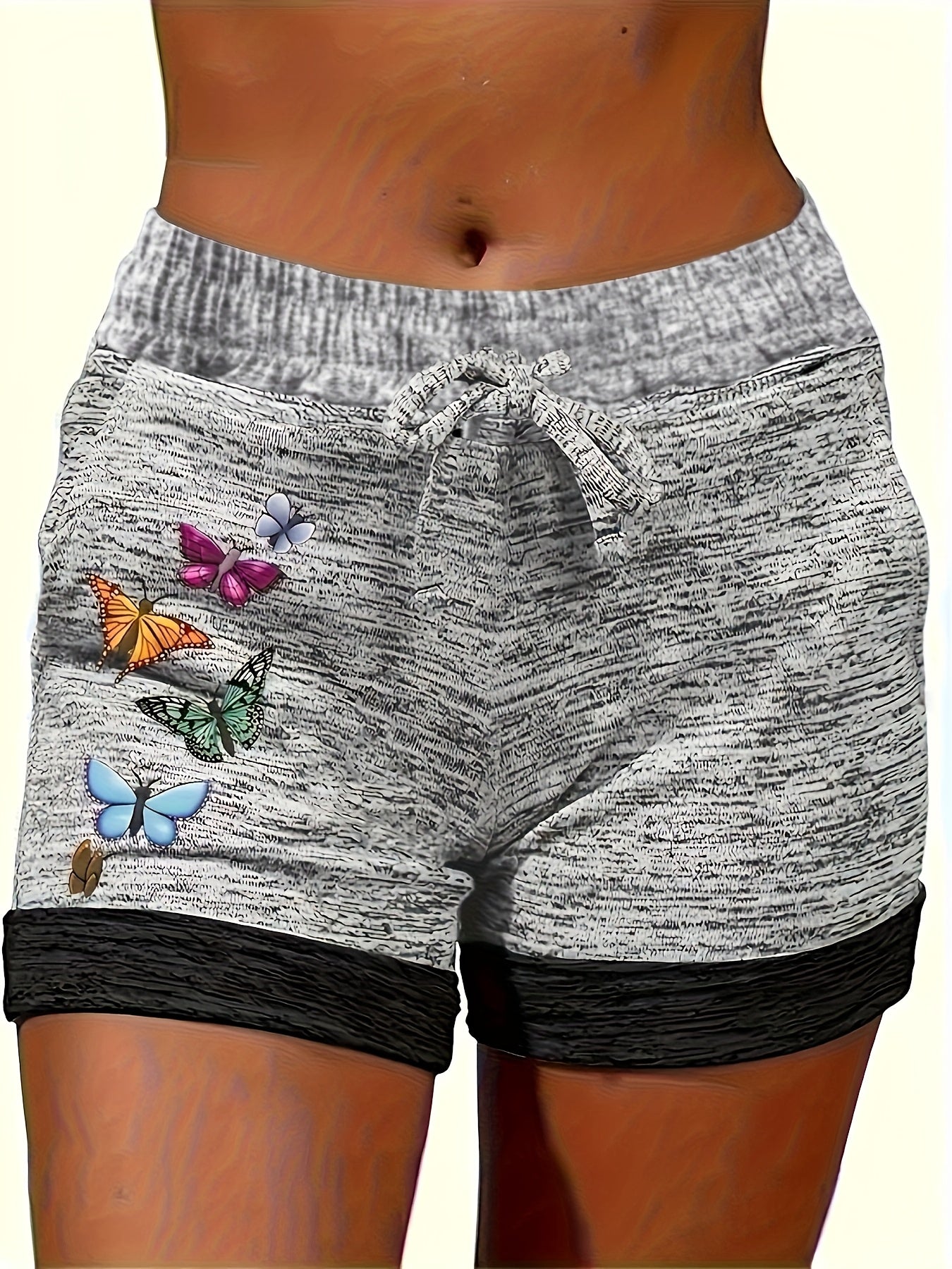 Women's Stretchy Casual Printed Shorts with Elastic Waistband, Drawstring, and Pockets - Comfortable Summer Sportswear Featuring Colorful Butterfly Design