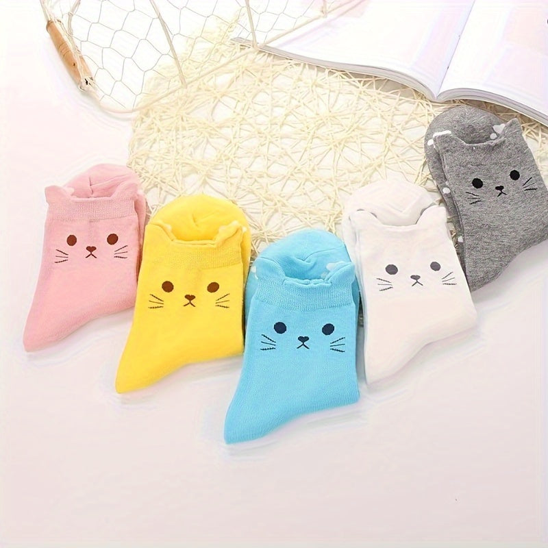 5 Pairs of Cute Cartoon Cat Print Knit Crew Socks for - Soft, Breathable, Thick, Machine Washable, Polyester Blend, Spring\u002FFall Essentials, Breathable Socks | Playful Design | Knit Texture