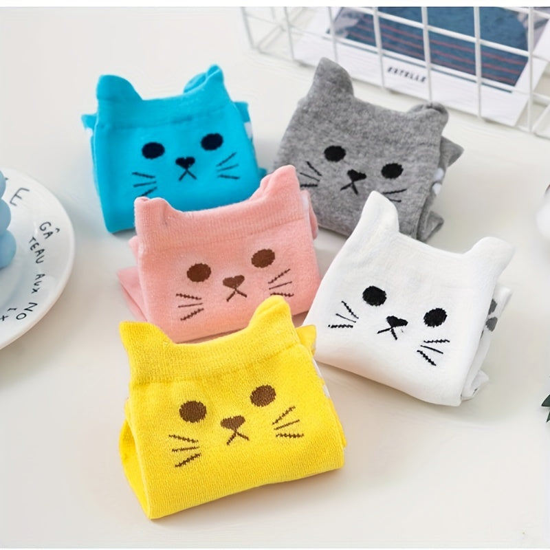 5 Pairs of Cute Cartoon Cat Print Knit Crew Socks for - Soft, Breathable, Thick, Machine Washable, Polyester Blend, Spring\u002FFall Essentials, Breathable Socks | Playful Design | Knit Texture