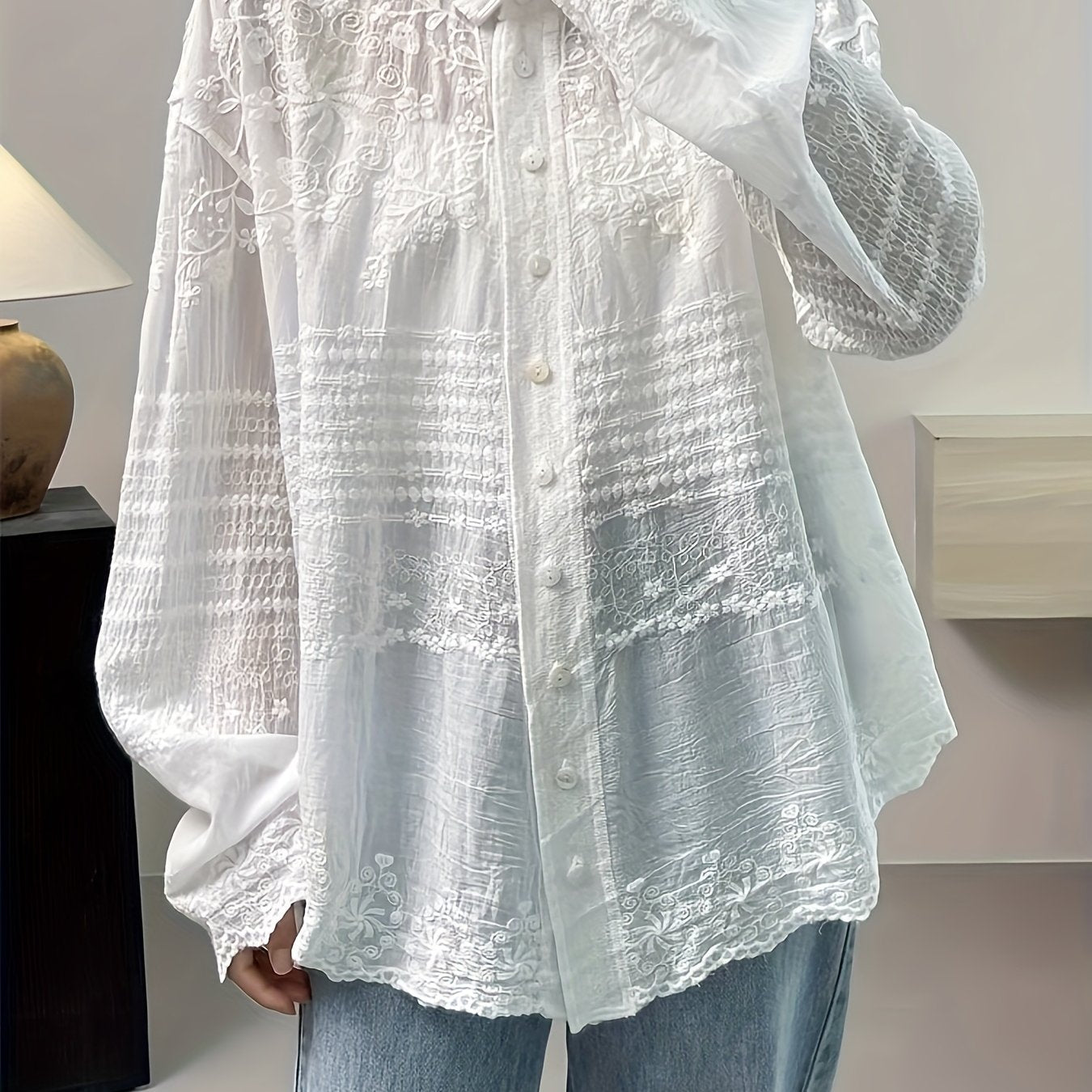 Seasonal Versatility Elegant French Vintage-Inspired Long Sleeve Crochet Blouse for Women - Sheer White Button-Up Shirt with Delicate Lace Detailing, Casual Loose Fit, Perfect for Spring and Fall
