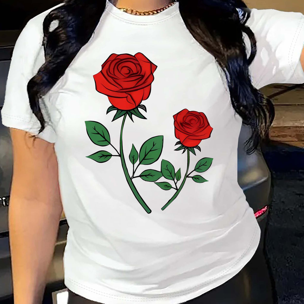 Rose Print Crew Neck T-Shirt, Casual Short Sleeve Top For Spring & Summer, Women's Clothing