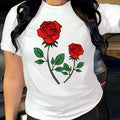 Rose Print Crew Neck T-Shirt, Casual Short Sleeve Top For Spring & Summer, Women's Clothing