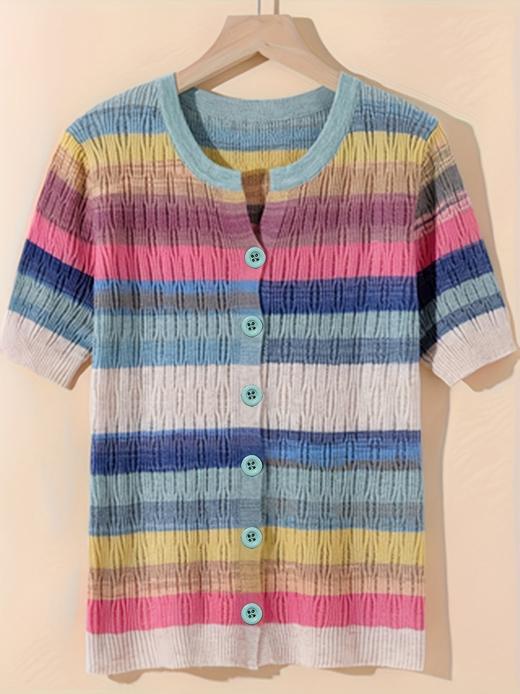 Women'S Casual Rainbow Striped Short Sleeve Cardigan - Comfortable Polyester Knit, Breathable & Stylish, Round Neck, Summer Top, Casual Summer Top|Striped Cardigan|Knit Construction, Ladies Cardigan