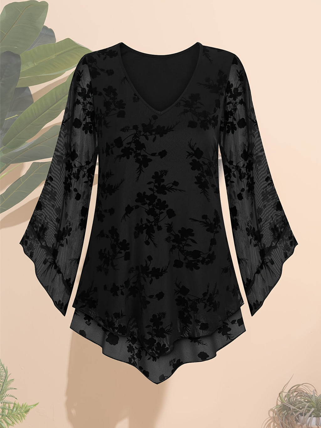 Women's Floral Print V-Neck Blouse with 3\u002F4 Flared Sleeves - Double-Layer Elastic Mesh, Loose Fit Flowy Tunic Top for Casual & Work, Spring\u002FSummer Semi-Sheer Shirt, Ladies Blouses