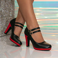 Women's Red & Black Chunky Heel Platform Sandals - High Quality Synthetic Cover Round Toe High Heels with Ankle Strap, All-Season Comfort & Durable Rubber Sole for Casual & Formal Occasions, Formal Sandals | Mary Jane Style | Synthetic Cover Shoes