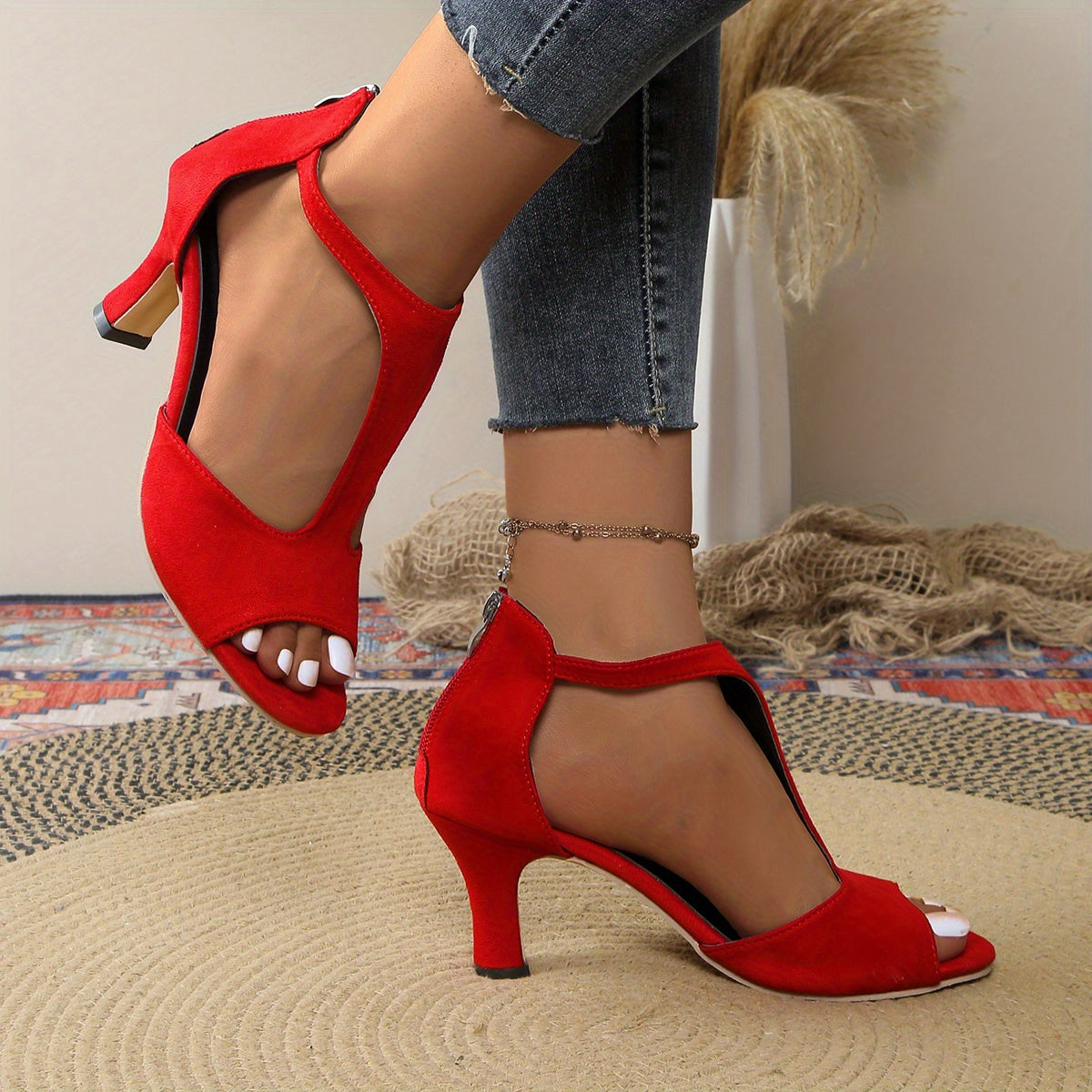 Elegant Red Stiletto Heels for Women - Sexy Back Zipper, Open Toe, High Heel Fashion Shoes with Black Accents, All-Season Wear