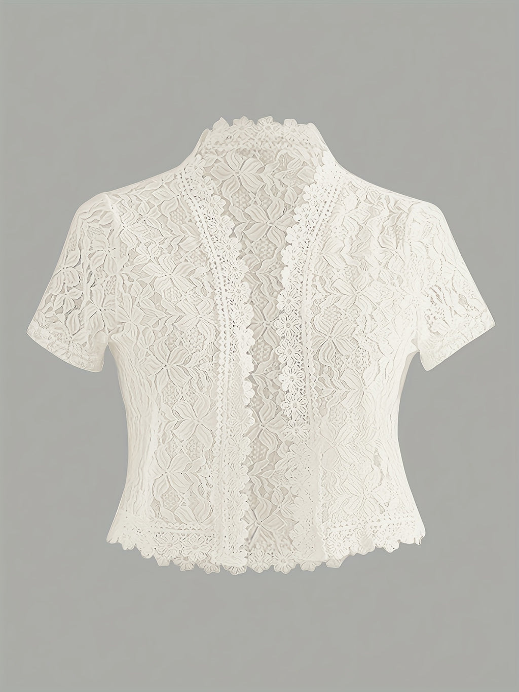 Elegant White Lace Contrast Cardigan - Short Sleeve, Stand Collar, Open Front Jacket for Women | Perfect for Spring\u002FSummer Parties & Casual Wear, Party Wear Cardigan | Lace Detailing | Constructio
