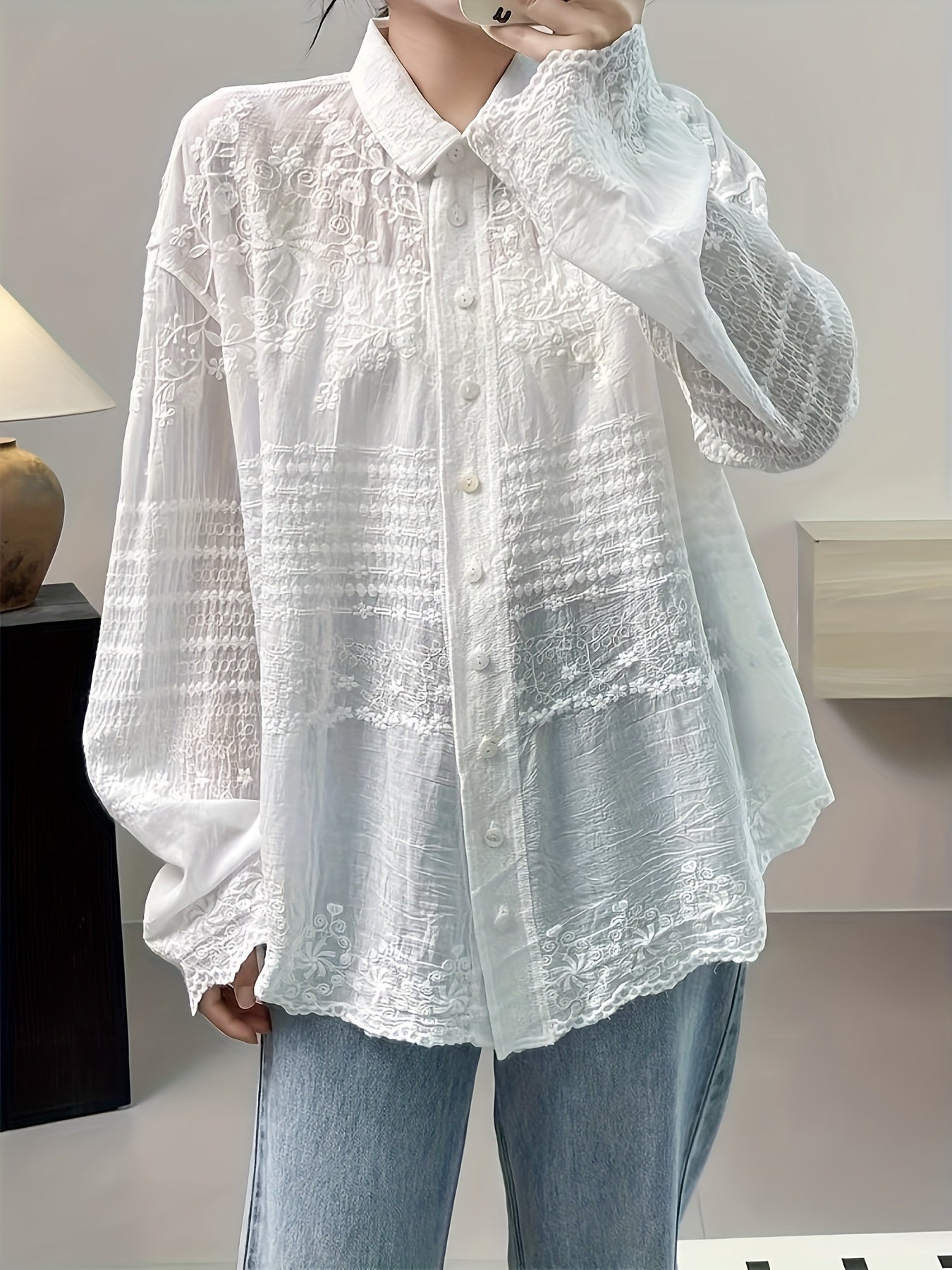 Seasonal Versatility Elegant French Vintage-Inspired Long Sleeve Crochet Blouse for Women - Sheer White Button-Up Shirt with Delicate Lace Detailing, Casual Loose Fit, Perfect for Spring and Fall