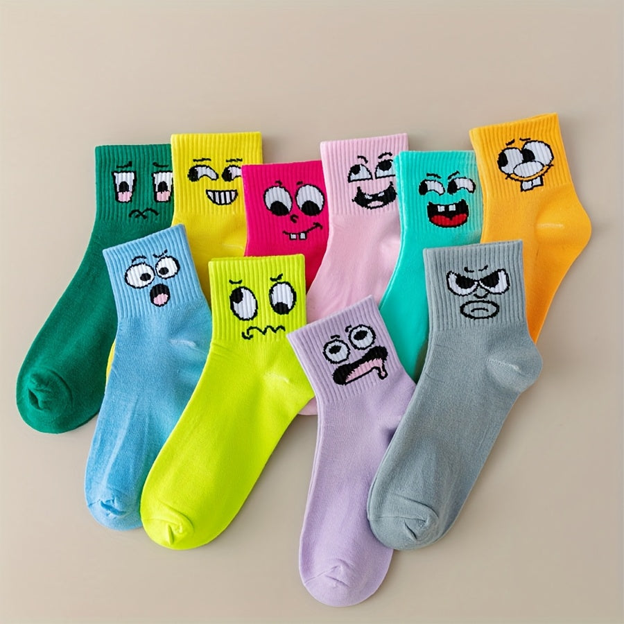 Women's Playful Face Design Mid-Calf Socks - Breathable Moisture-Wicking Ribbed Cuff, Vibrant Neon & Pastel Colors, Machine Washable for Casual Sports & Casual Attire, Quirky Sock Patterns
