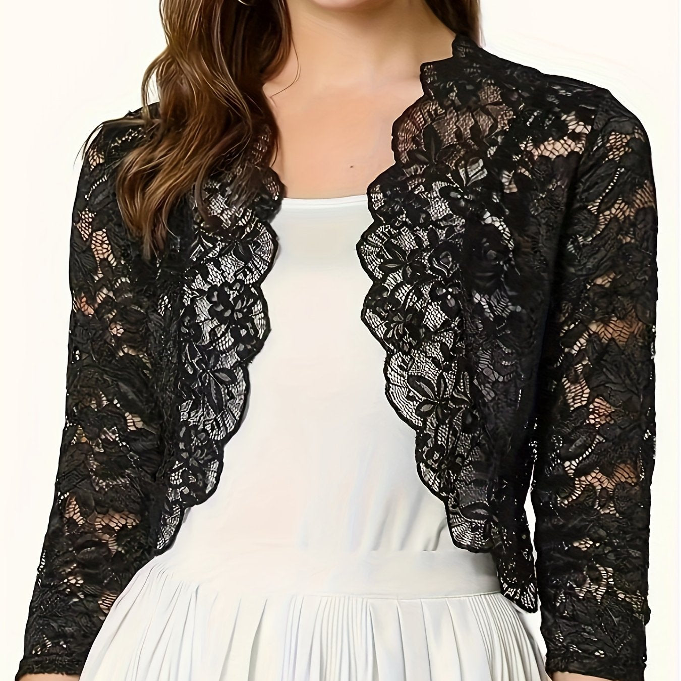 2025 Women'S Elegant Short Collarless Three Quarter Length Sleeve Polyester Knit Fabric Cardigan Top, Solid Color, with Contrast Lace Placket, for Spring\u002FSummer