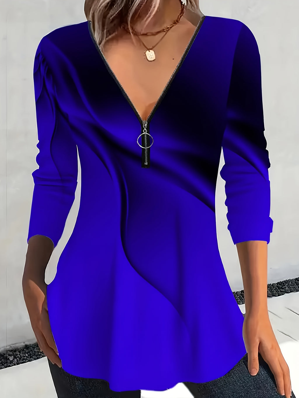 Zipper Collar Full Body Print Women's T-shirt