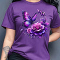 Women'S Casual Crew Neck T-Shirt with Purple Rose and Butterfly Graphic Print, Short Sleeve Regular Length Top for Spring and Summer, Ideal Birthday or Holiday Gift, Ladies T Shirts
