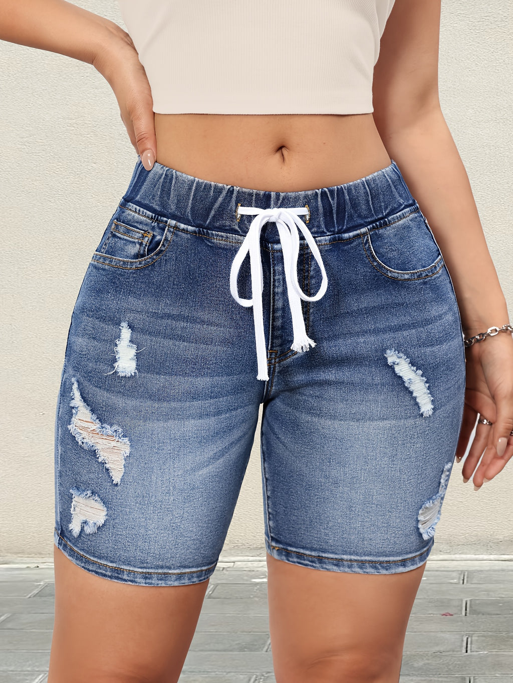 Women's Blue Elastic Waist Drawstring Ripped Denim Shorts, Fashionable Elegant Style Whiskering Denim Shorts