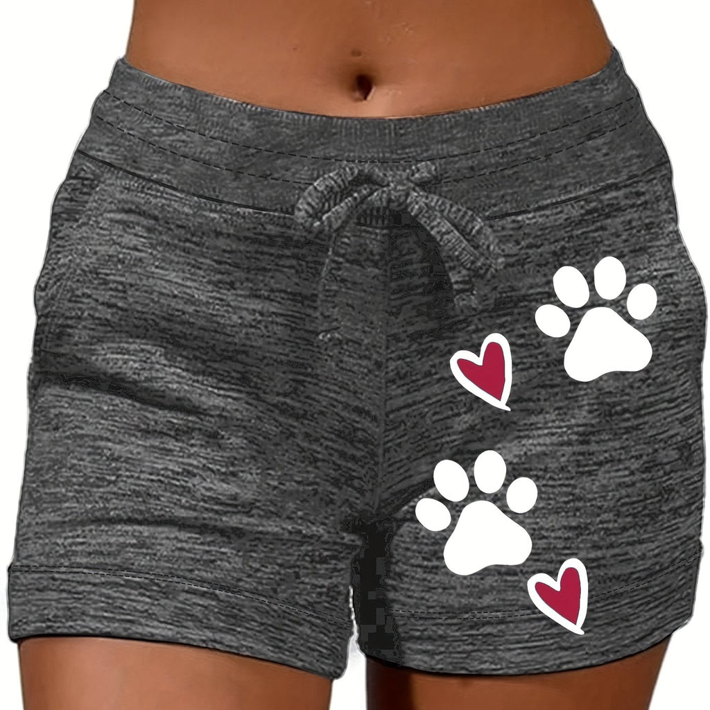 Women's Casual Drawstring Shorts with Paw Print & Heart Design - Gray Heathered Polyester Blend, Elastic Waistband, Slant Pockets, Perfect for Summer & Spring