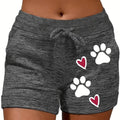 Women's Casual Drawstring Shorts with Paw Print & Heart Design - Gray Heathered Polyester Blend, Elastic Waistband, Slant Pockets, Perfect for Summer & Spring