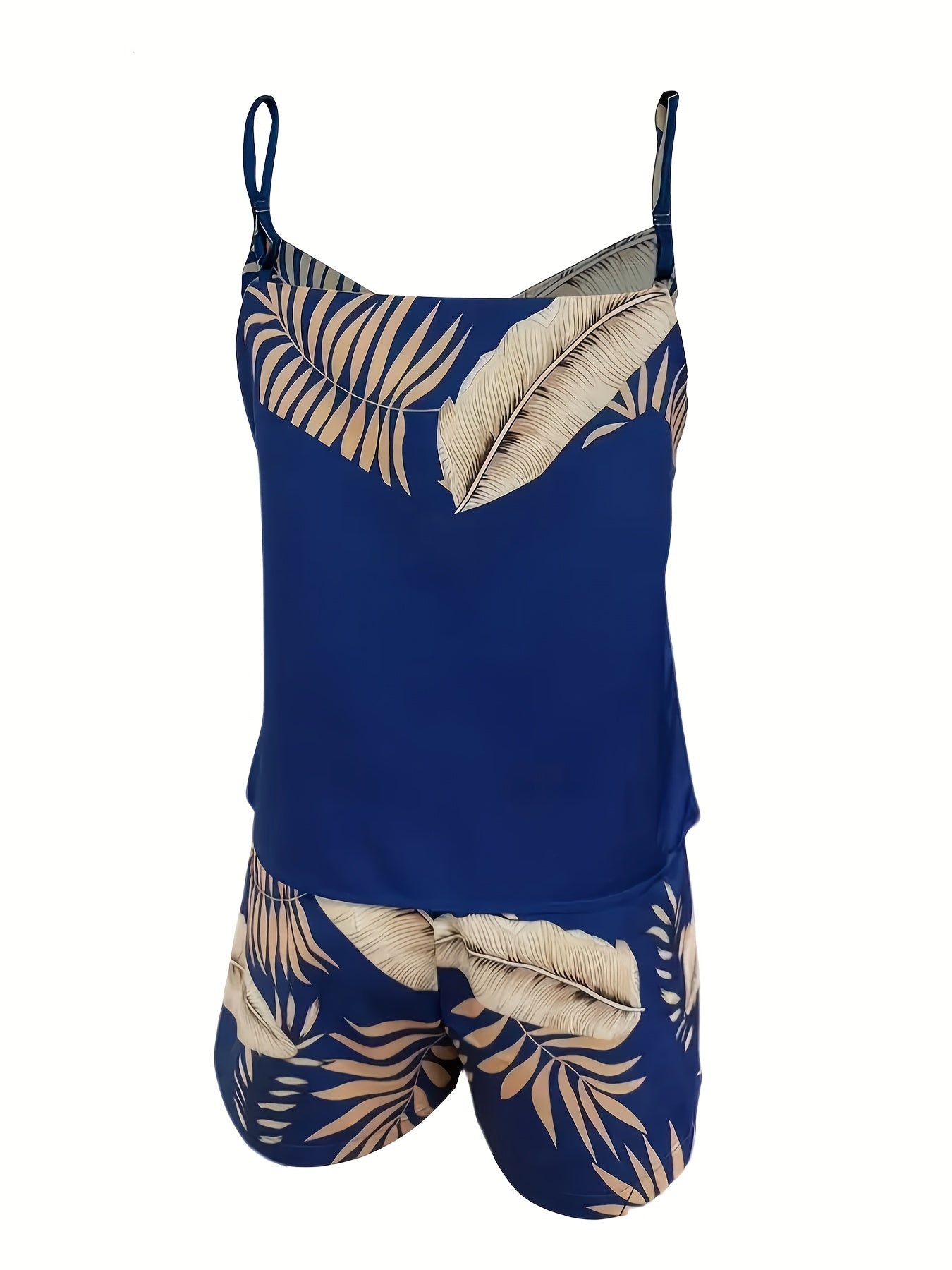 Women'S Tropical Print Two-Piece Casual Spring\u002FSummer Outfit - Sleeveless Strapless Top & High-Waisted Shorts, Vibrant Green & Black Leaf Design, Stylish Cut, Allseason Wear|Tropical Print Design|Stylish Cutout, Tropical Print Shorts