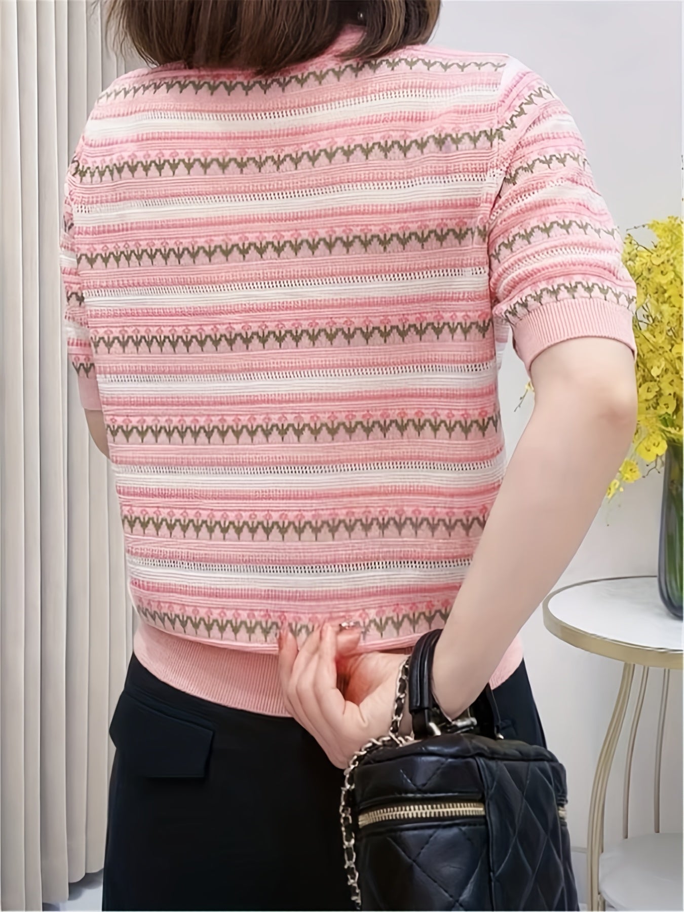 Women'S Pink & White Striped V-Neck Knit Cardigan with Decorative Buttons, Short Sleeve, Asymmetrical Hem, Casual Summer Crochet Top for Spring\u002FSummer, Cute Knit Cardiga