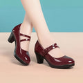 Women's Red Synthetic Cover Pumps - Round Toe, Chunky Heel, Double Buckle Straps, Glossy Finish, All-Season Fashion Dress Shoes