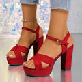 Women'S Stylish Red High-Heel Sandals with Buckle Closure - Elegant Block Heel, Open Toe Design, Perfect for Summer and All Seasons, Fashionable Footwear|Elegant Heel Sandals|Durable Footwear