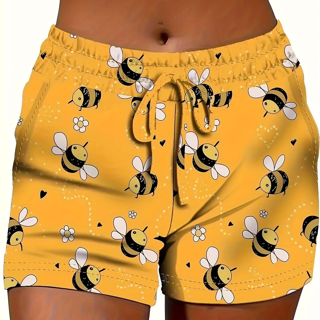 Women's Summer Bee Print Drawstring Shorts - Yellow with Black & White Bee Design, Elastic Waistband, Casual Sporty Style, Polyester\u002FSpandex Blend, Machine Washable