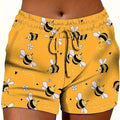 Women's Summer Bee Print Drawstring Shorts - Yellow with Black & White Bee Design, Elastic Waistband, Casual Sporty Style, Polyester\u002FSpandex Blend, Machine Washable
