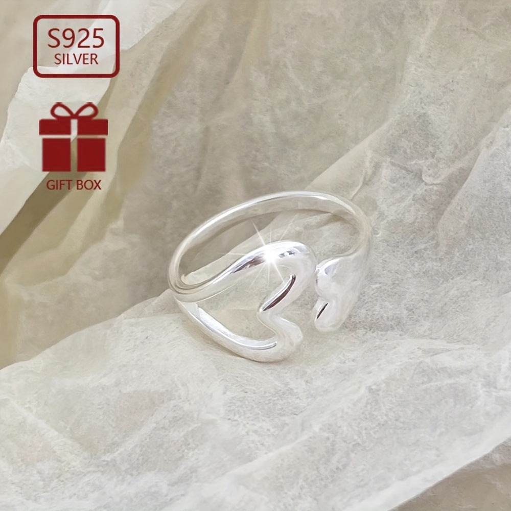 1pc 925 Pure Silvery Adjustable Ring with Hollow Heart Opening Ring Wall Niche Design Jewelry Decoration