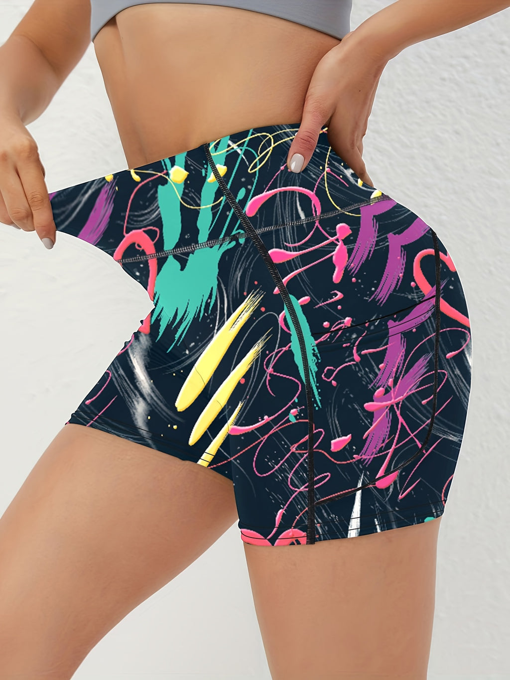 3pcs Women's High-Waist Yoga Shorts with Pockets - Tummy Control, Stretchy Running & Cycling Activewear, Floral Print, Black\u002FWhite, Blue\u002FBlack, Gray\u002FBlue Patterns, Polyester Blend for Spring\u002FSummer Fitness