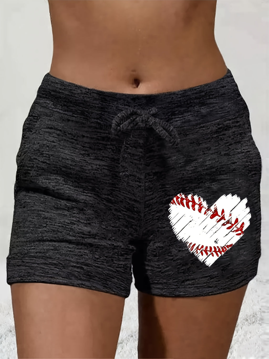 Women'S Casual Baseball Heart Print Drawstring Shorts - Lightweight, Comfortable Summer Loungewear with Ribbed Design and Front Pockets