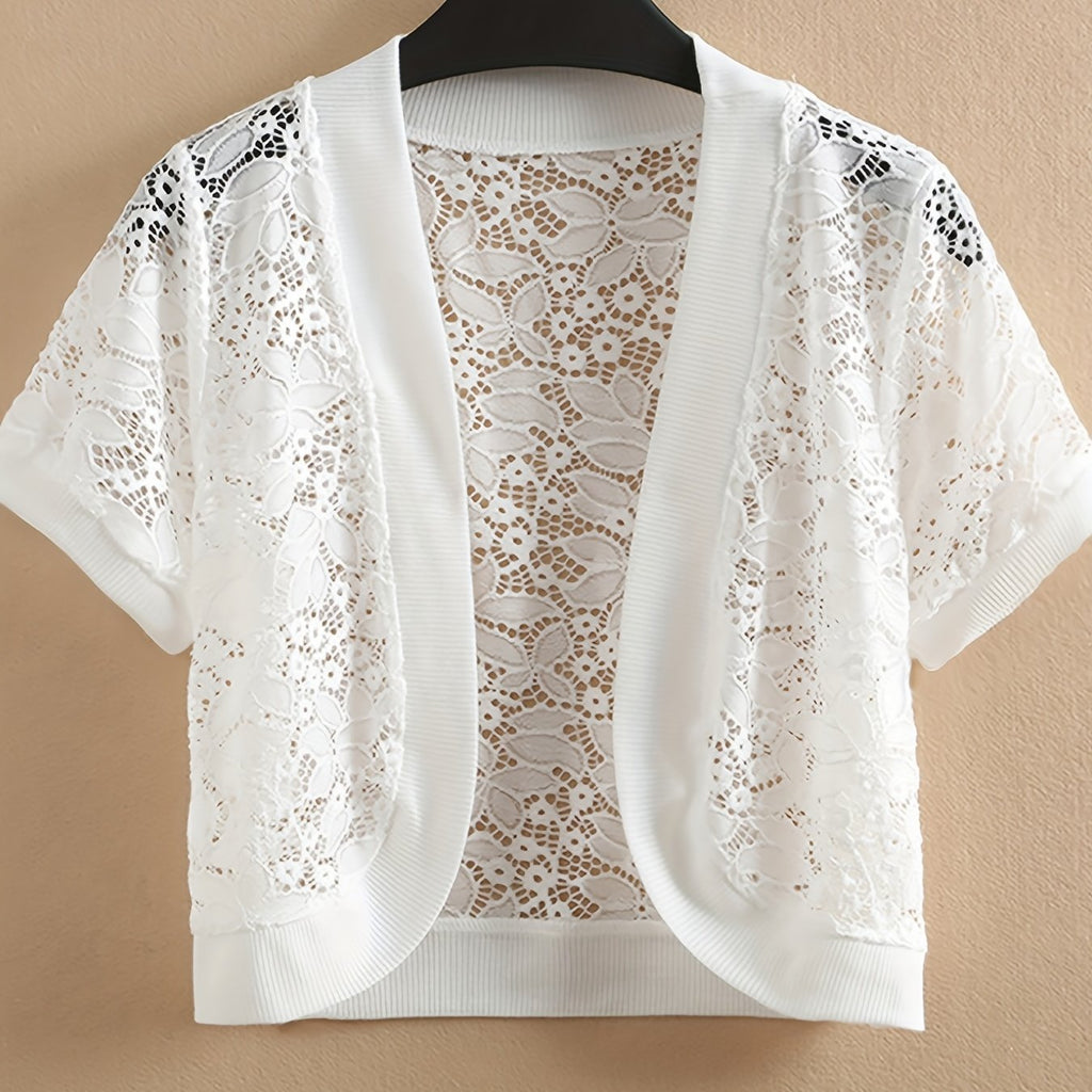 Women's Lightweight Lace-Trimmed Short Sleeve Cardigan - Retro Semi-Sheer Open Front Cover-Up, Machine Washable Spring Summer Fall Layering Piece for Casual & Formal Outfits, Scalloped Edge Design | Intricate Lace Detailing