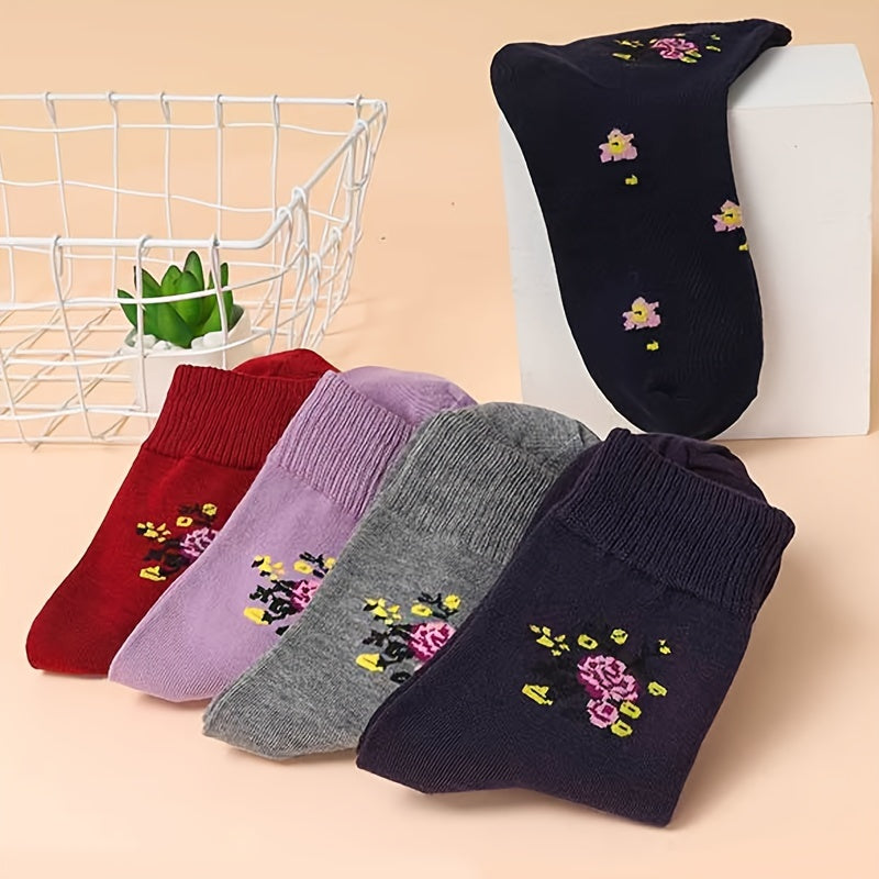5 Pairs Floral Pattern Crew Socks, Warm Thick All-match Mid Tube Socks For Fall & Winter, Women's Stockings & Hosiery